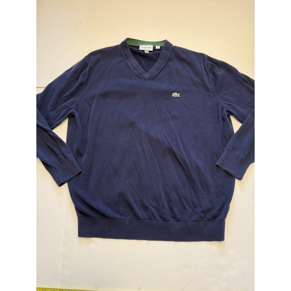 Lacoste Sweater Mens 2XL Blue V Neck 100%‎ Cotton Knit Pullover Casual Logo
